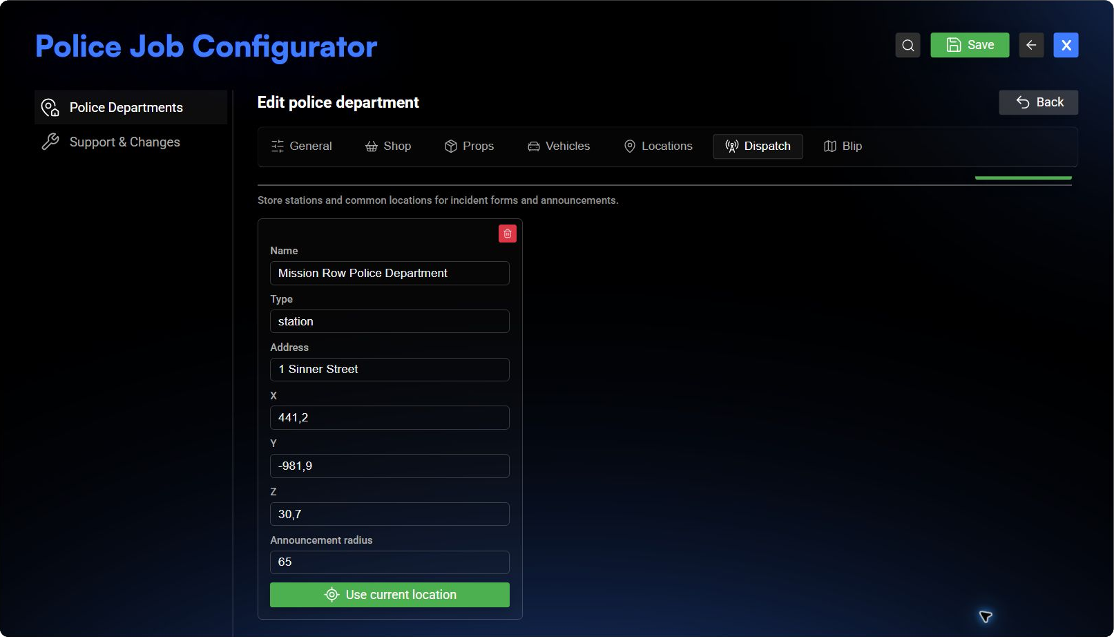 Dispatch POI with coordinates and announcement radius