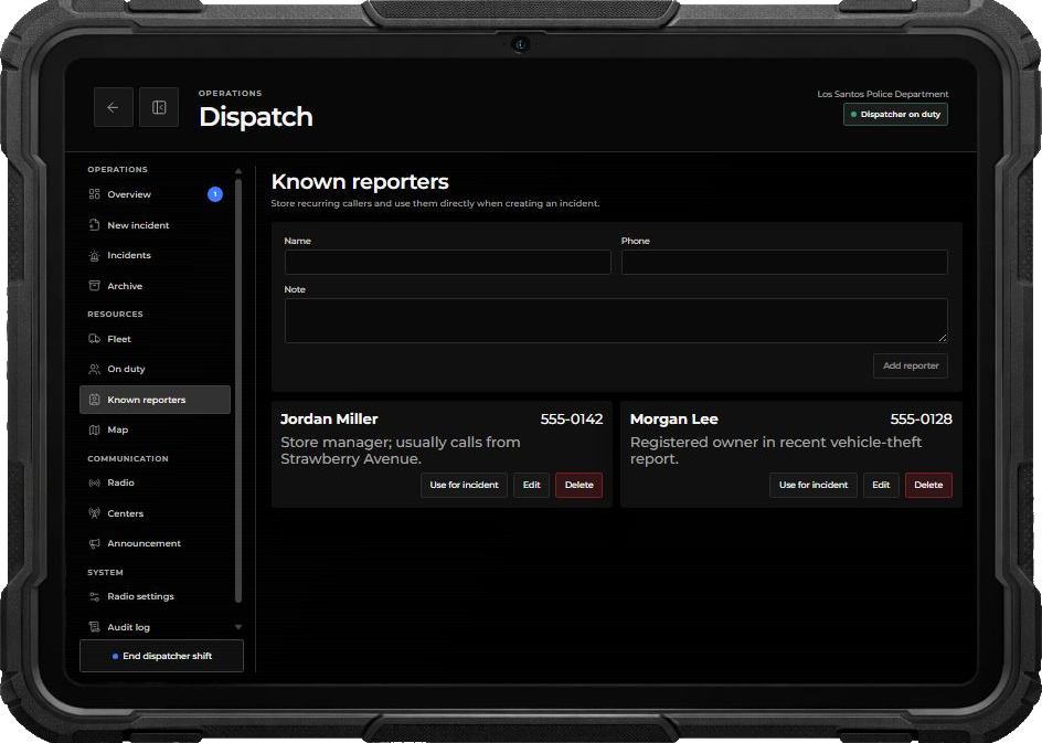 Known reporters in the Dispatch tablet