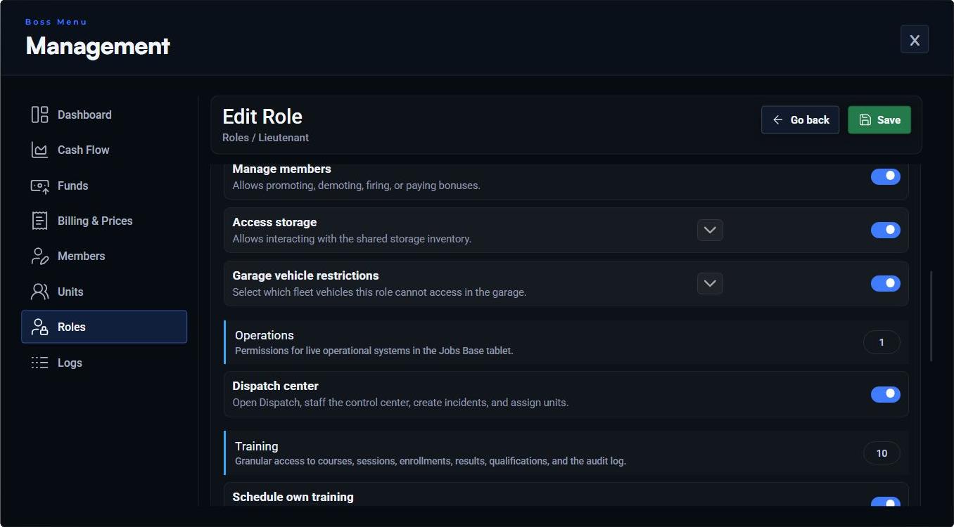 Dispatch center permission enabled for the Lieutenant grade