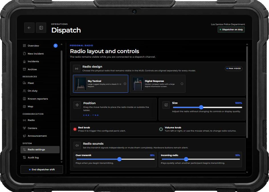 Radio design, position, size, and sound settings
