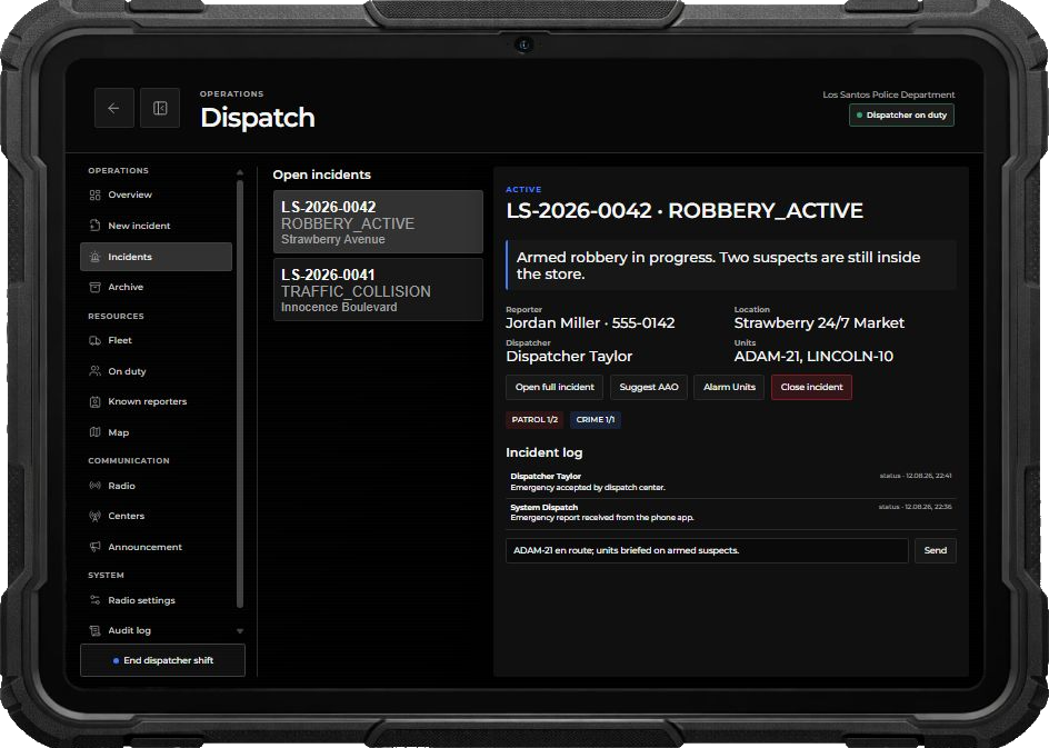 Situation report recorded in the incident log