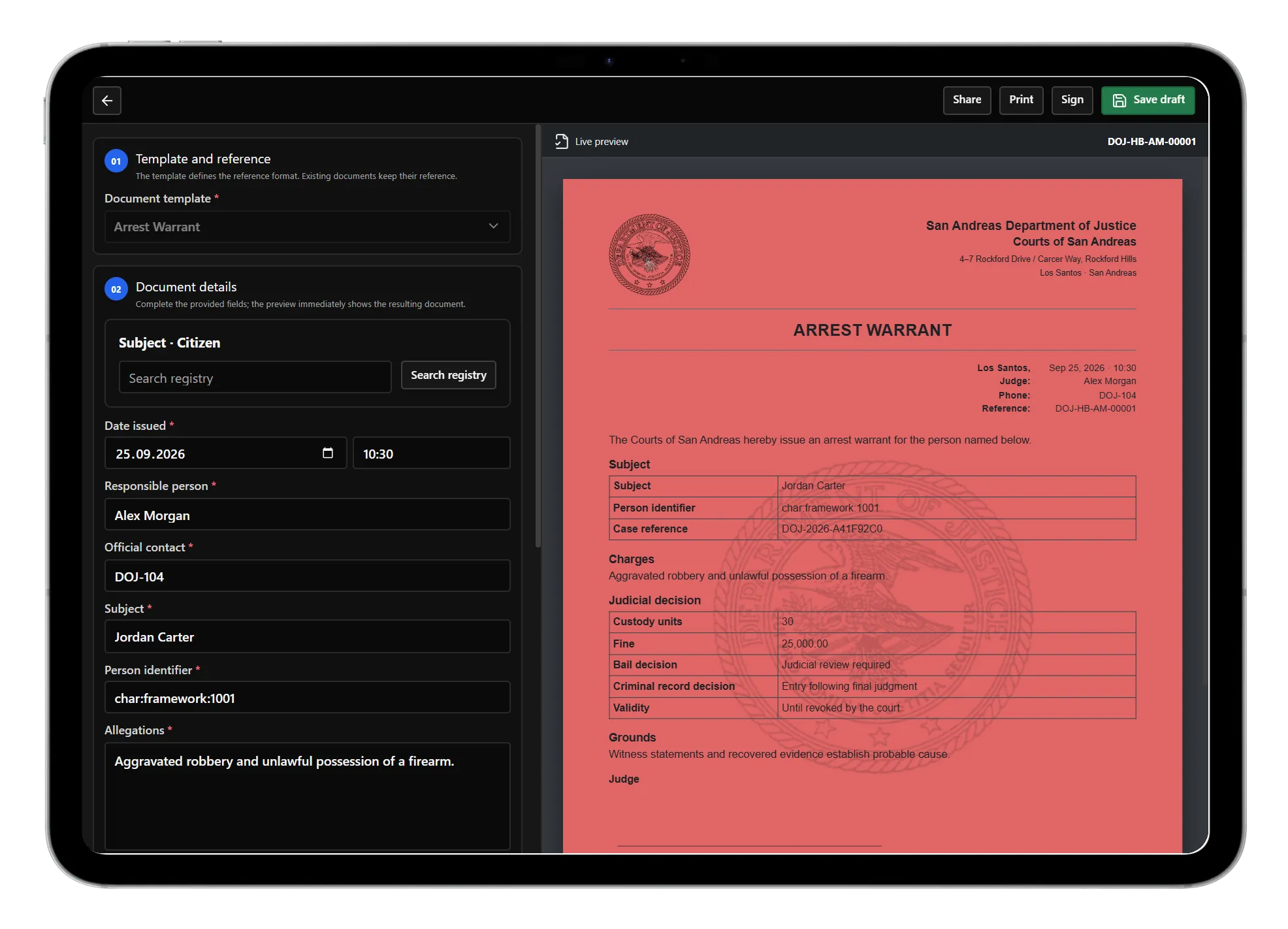 Template fields and the resulting document preview
