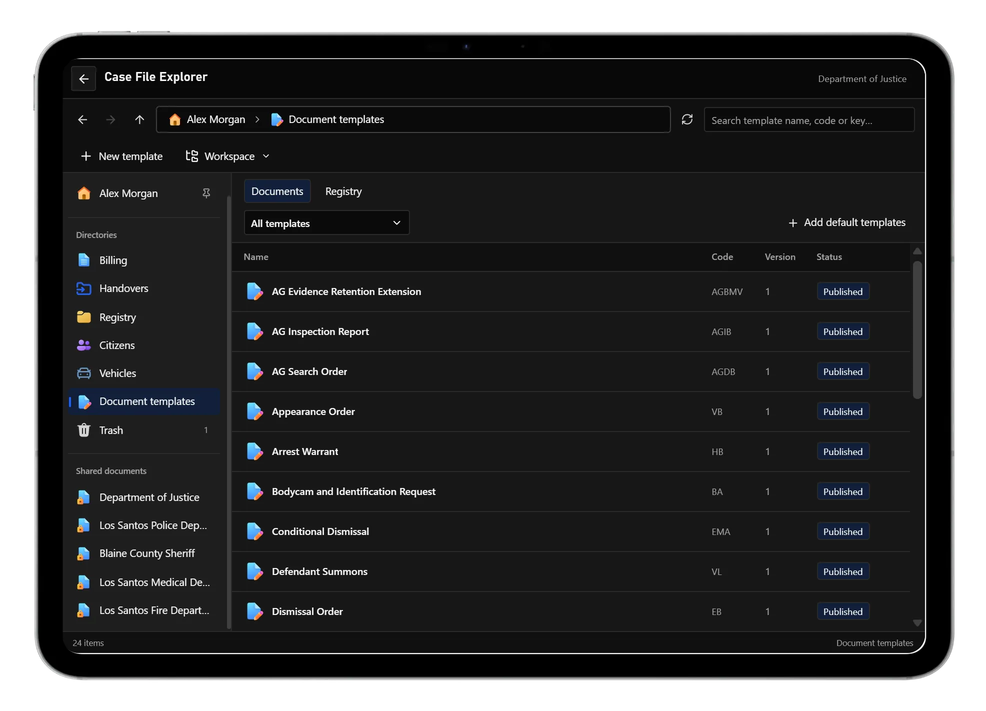 The DOJ template library with published versions