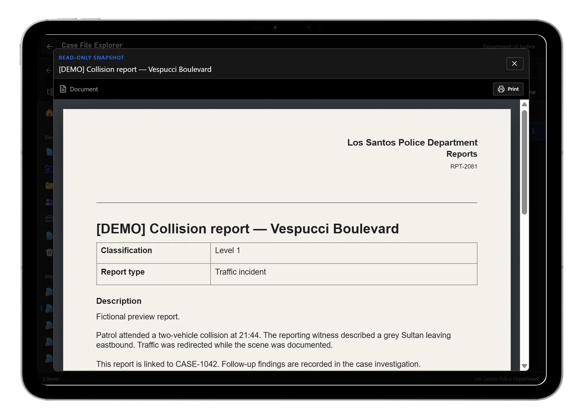 An incoming Police record opened as a read-only document