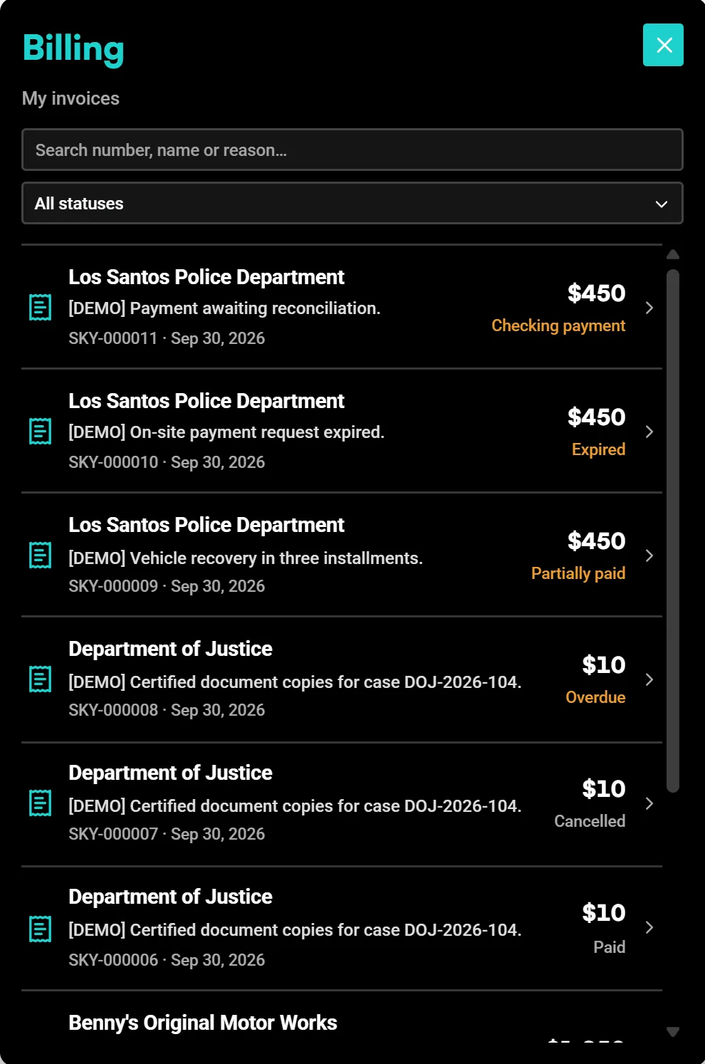 Shared billing interface using sample invoices
