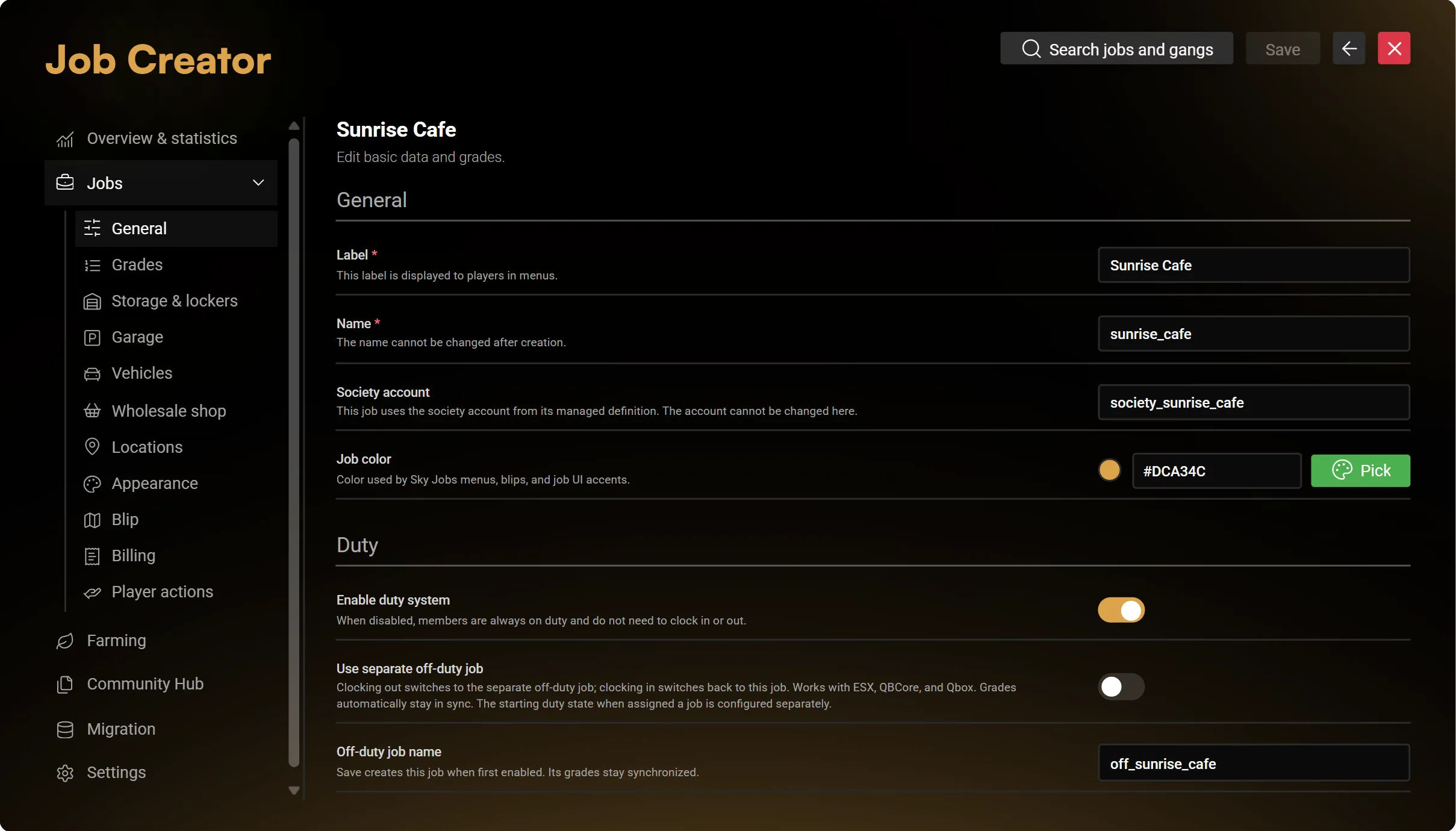 General settings for the fictional Sunrise Cafe job