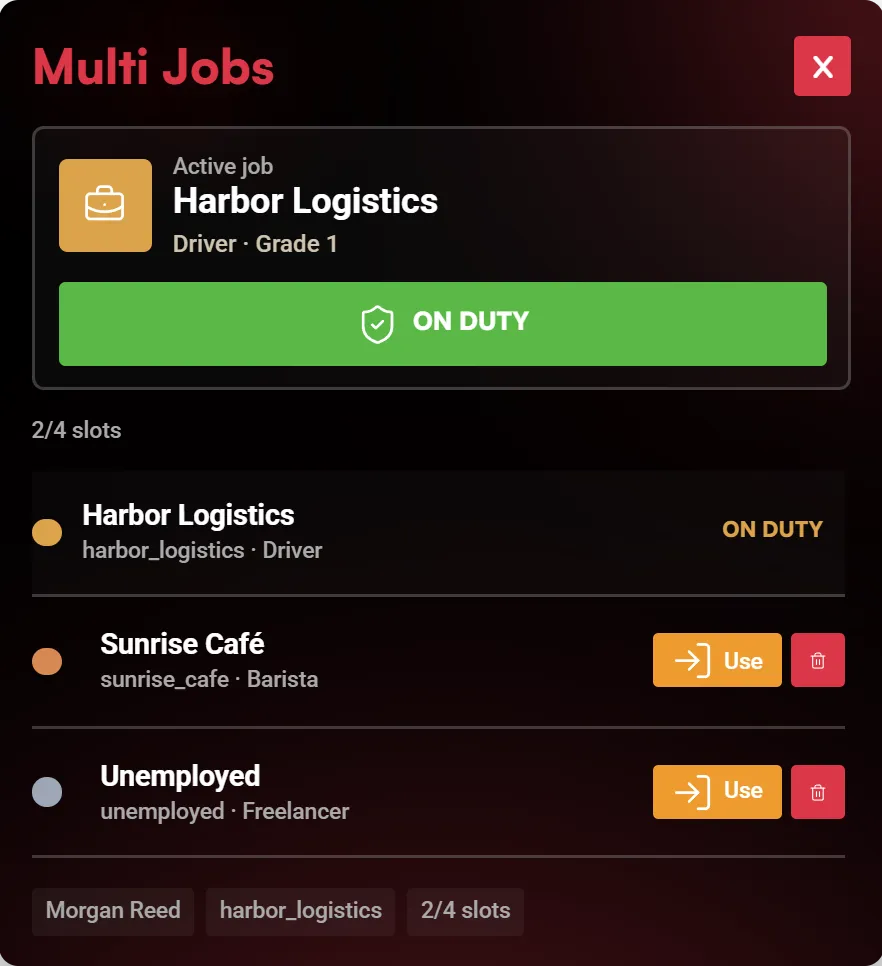Job selection with fictional Harbor Logistics and Sunrise Cafe memberships