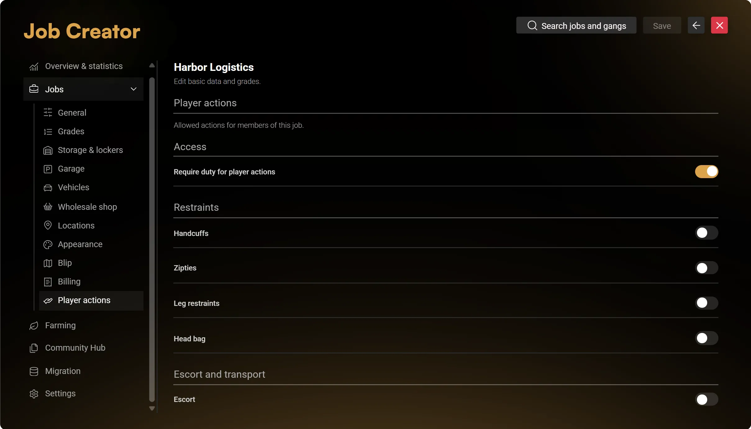 Per-job player-interaction controls