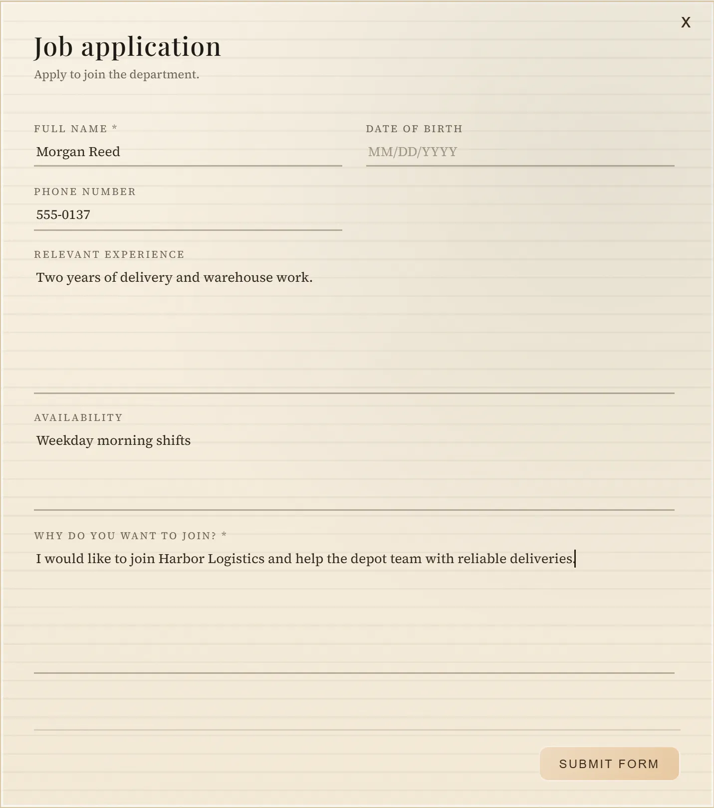 A demonstration job application using fictional applicant details