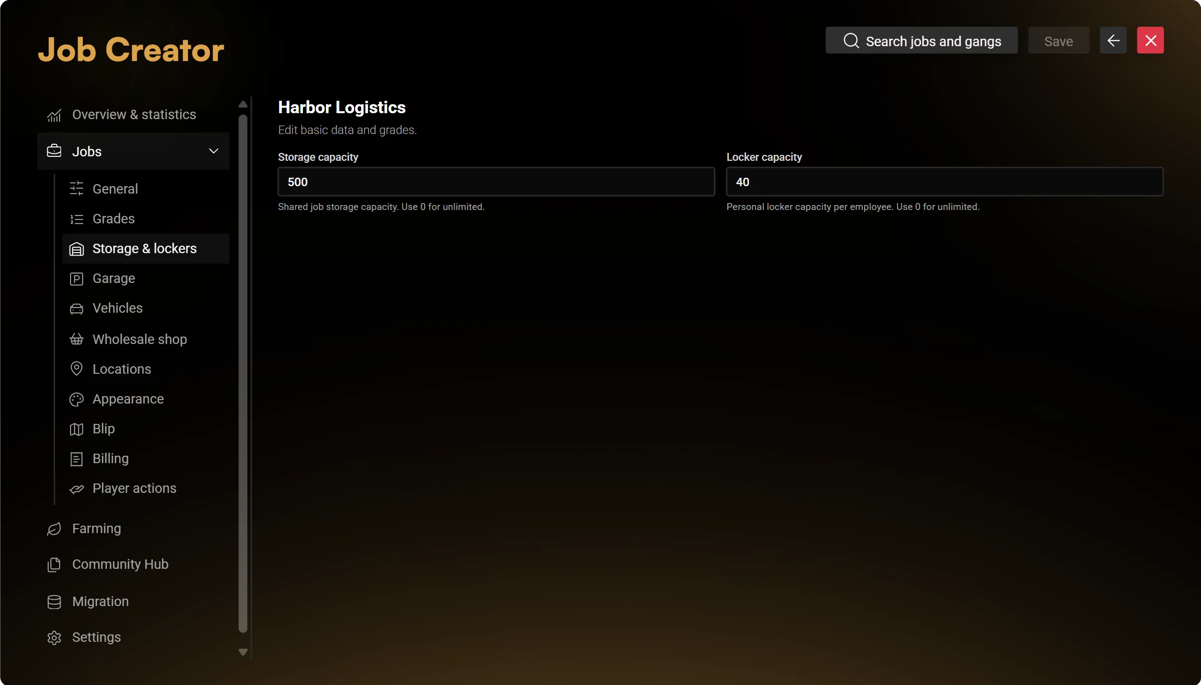 Separate shared-storage and personal-locker capacity settings