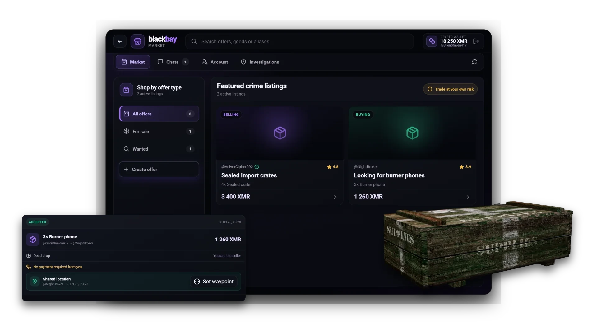BlackBay market, private coin wallet and accepted handover view