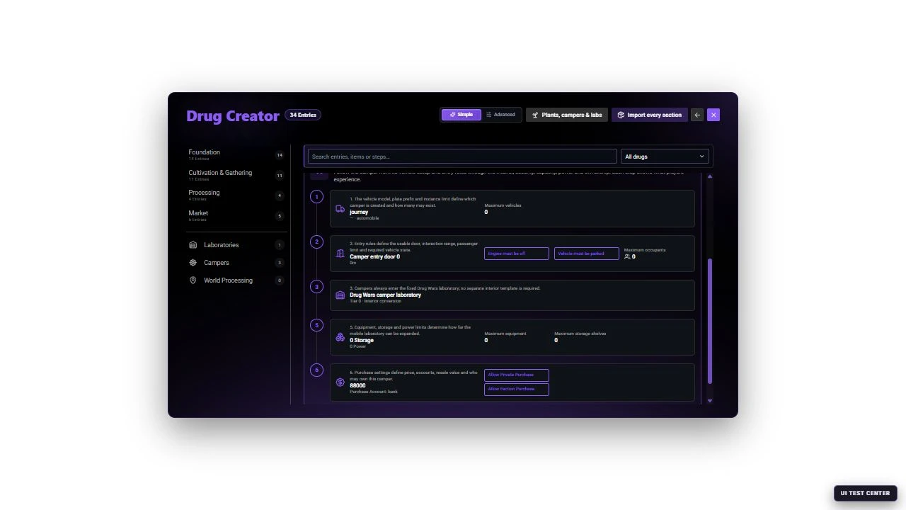 Current Camper workflow in Simple mode showing the fixed Drug Wars laboratory and the mobile-lab dependency steps