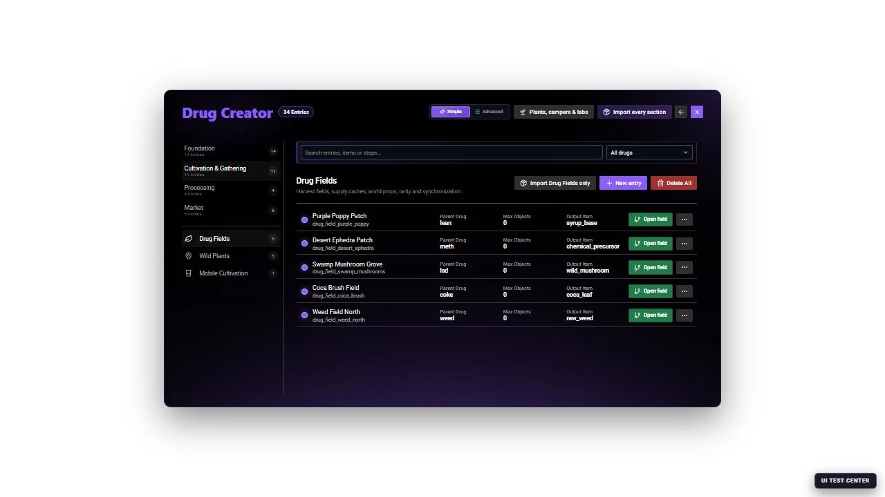Current Drug Creator in Simple mode showing the Drug Fields catalog and its five default field definitions
