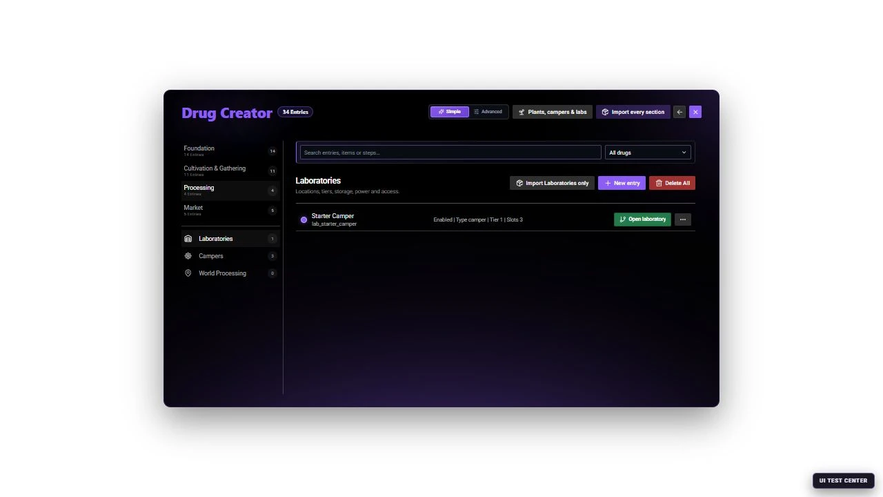 Current Drug Creator in Simple mode showing the Laboratories catalog