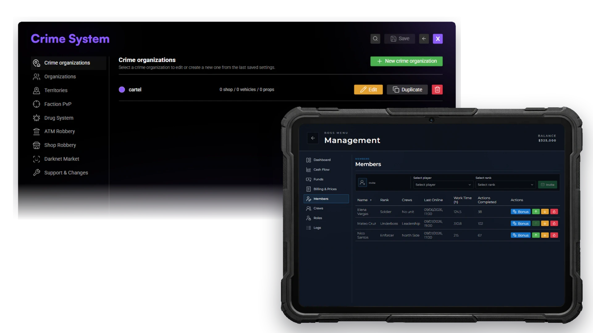 Crime organization configuration and member management interfaces