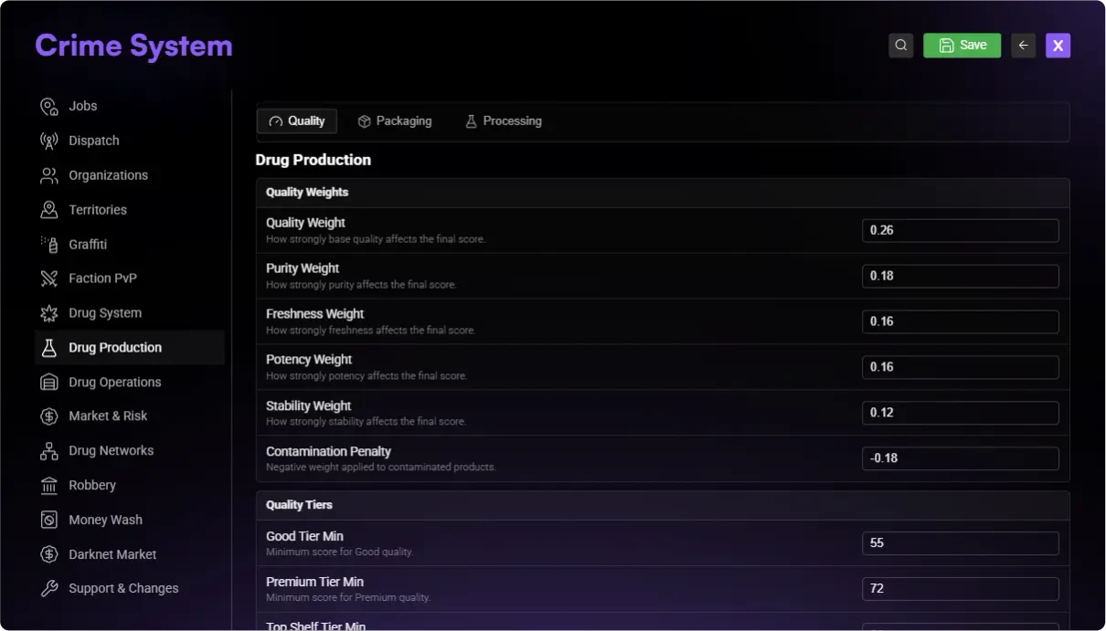Crime System configuration page for production settings