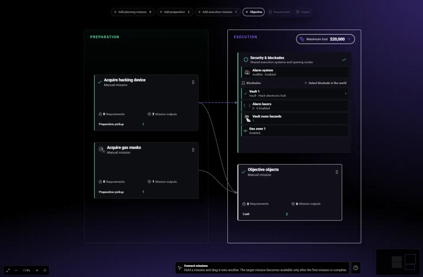Heist Creator operation graph with preparation and execution missions