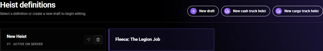 Heist definitions screen with New draft and the included Fleeca heist