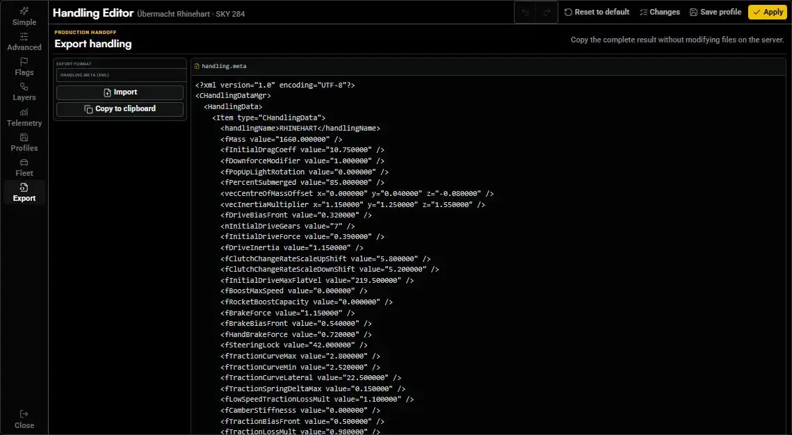 Export workspace with format selection, import, copy to clipboard, and handling-data preview