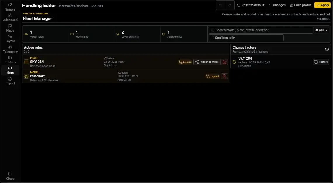Fleet Manager with rule filters, model and plate entries, conflict information, and change history
