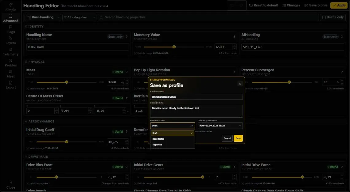 Save-profile dialog with a descriptive name, revision note, release-status dropdown, and telemetry evidence