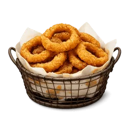 Transparent PNG of the GTA V item crunchy_fried_onion_rings_on_oil_napkin_in_old_small_basket