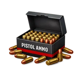 Transparent PNG of the GTA V item dark_gray_9mm_ammo_box_pistol_ammo_red_accents_open_box_with_scattered_9mm_round