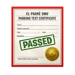 Transparent PNG of the GTA V item el_padr_dmv_parking_test_certificate_red_border_green_passed_stamp_gold_seal_rea_1