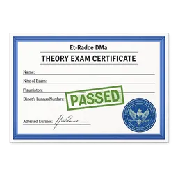 Transparent PNG of the GTA V item el_padr_dmv_theory_exam_certificate_blue_border_green_passed_stamp_blue_official_2