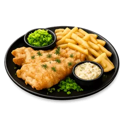 Transparent PNG of the GTA V item fish_and_chips_on_a_black_plate_red_side_dish_french_fries_small_portion_of_pea