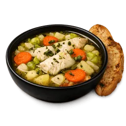 Transparent PNG of the GTA V item fish_soup_in_black_bowl_with_white_fish_carrot_slices_diced_potatoes_celery_and