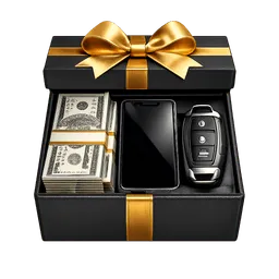 Transparent PNG of the GTA V item fivem_starter_pack_icon_black_and_gold_gift_box_with_money_phone_and_car_key_pre