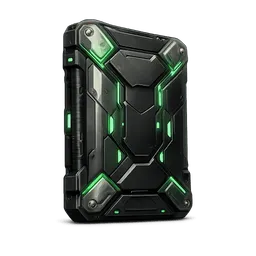 Transparent PNG of the GTA V item generate_me_a_good_harddrive_facing_side_way_tilted_with_marks_green_and_futuris