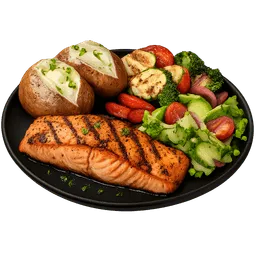Transparent PNG of the GTA V item grilled_salmon_on_a_black_plate_baked_potatoes_grilled_vegetables_and_a_small_gr