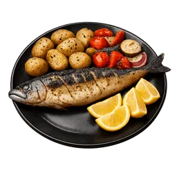 Transparent PNG of the GTA V item mackerel_on_a_black_plate_baked_potatoes_grilled_vegetables_and_lemon_cut_into_w