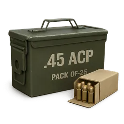 Transparent PNG of the GTA V item premium_olive_green_ammo_box_labeled_45_acp_and_pack_of_25_visible_45_acp_rounds