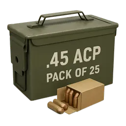 Transparent PNG of the GTA V item premium_olive_green_ammo_box_labeled_45_acp_and_pack_of_25_visible_45_acp_rounds_1