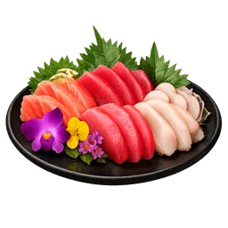 Transparent PNG of the GTA V item sashimi_on_a_black_plate_with_thin_slices_of_radish_edible_flowers_and_shiso_lea