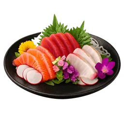 Transparent PNG of the GTA V item sashimi_on_a_black_plate_with_thin_slices_of_radish_edible_flowers_and_shiso_lea_1