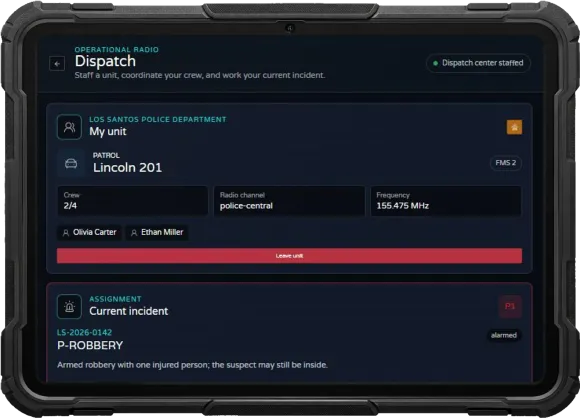 Field-unit Dispatch workspace with English mock data